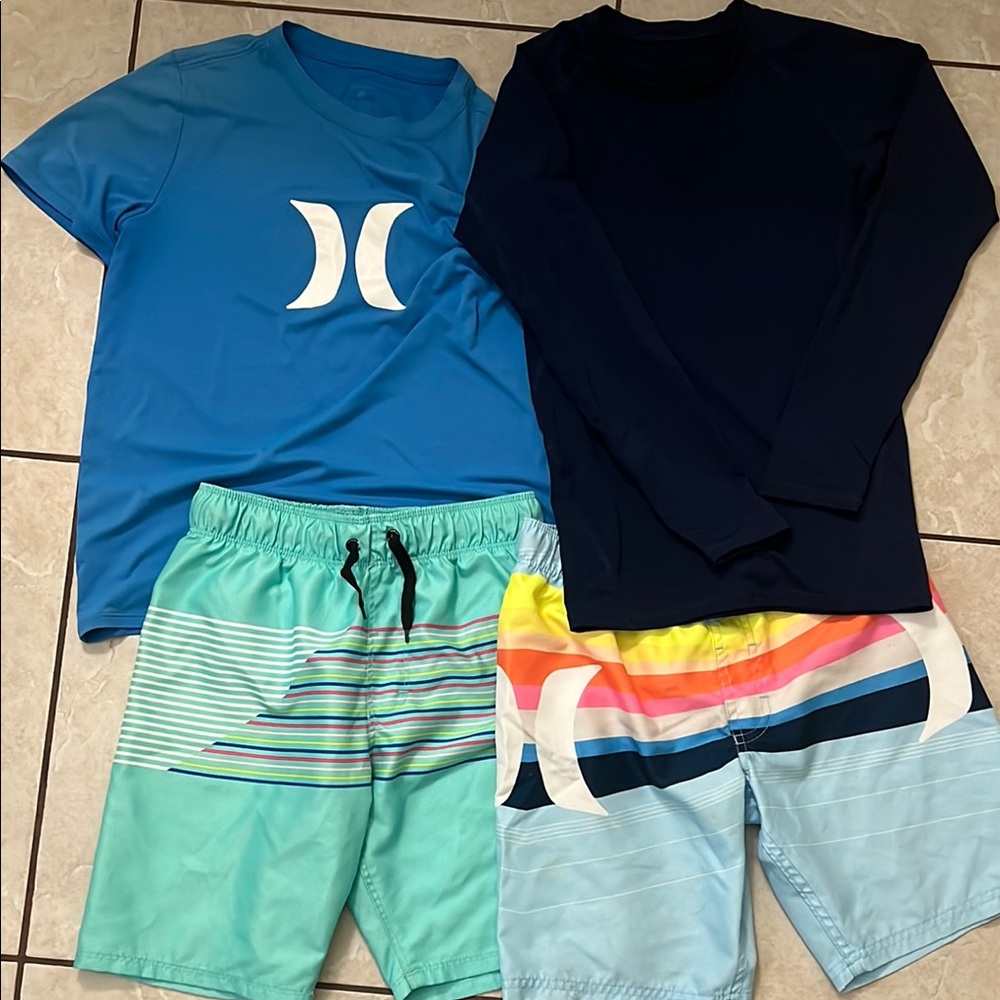 Boys Hurley swim and Navy Rash Guards with Striped Board Shorts